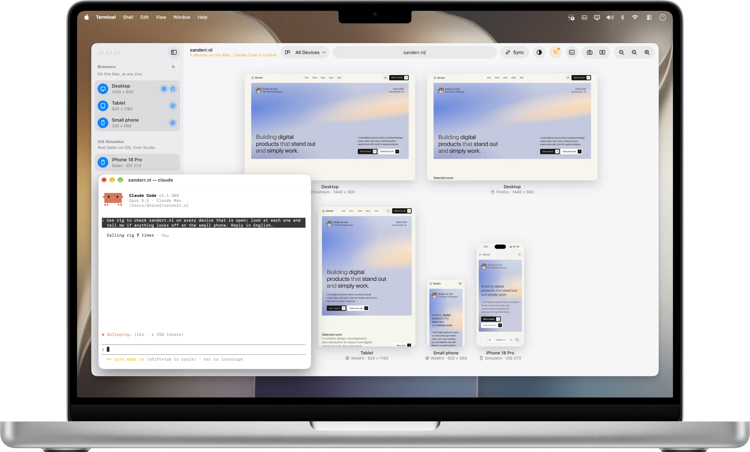 rig on a MacBook Pro with Claude Code in Terminal. The agent looks at sanderr.nl in Chromium and Firefox, a tablet and a small phone in WebKit, and iPhone 18 Pro in iOS Simulator, each marked with an orange ring.