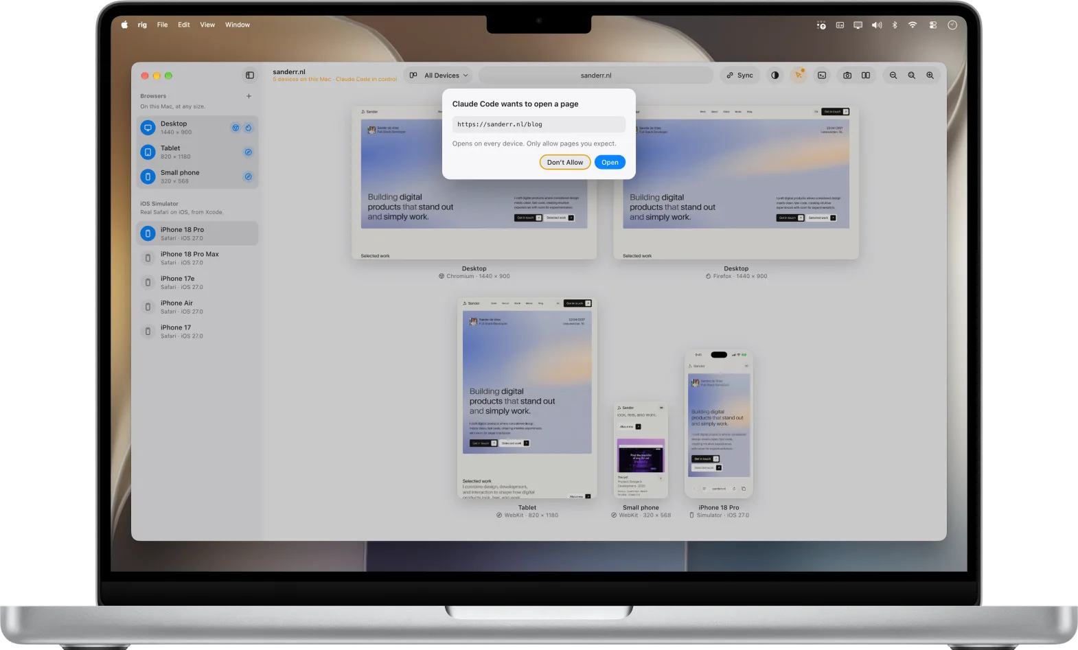 rig asking whether Claude Code may open https://sanderr.nl/blog, with the buttons Don't Allow and Open.