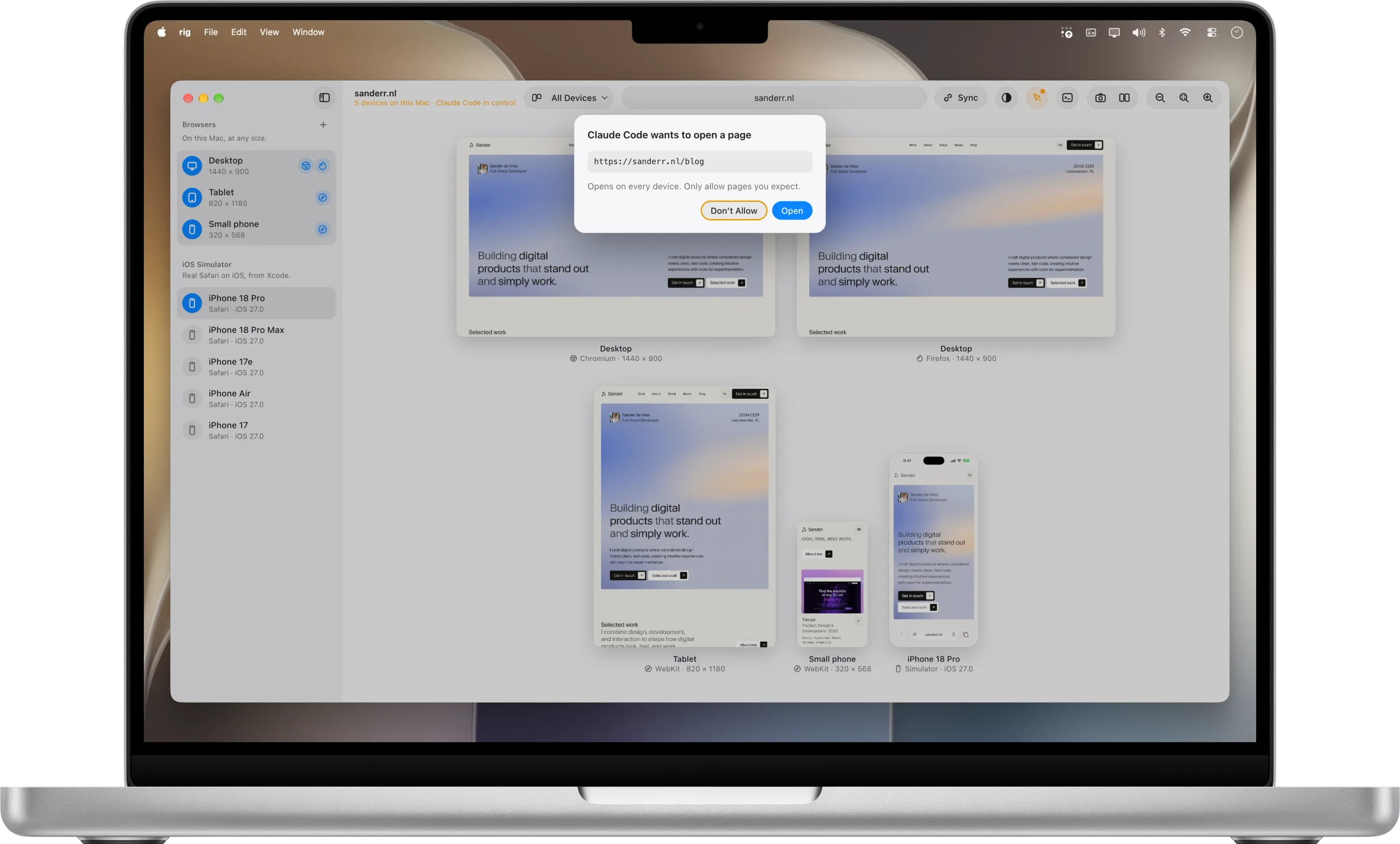 rig asking whether Claude Code may open https://sanderr.nl/blog, with the buttons Don't Allow and Open, over the devices it shows.