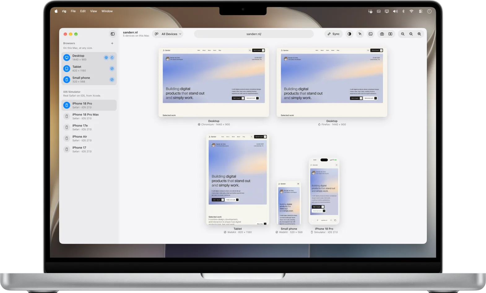 rig with sanderr.nl on two desktop browsers, a tablet, a small phone and iOS Simulator.