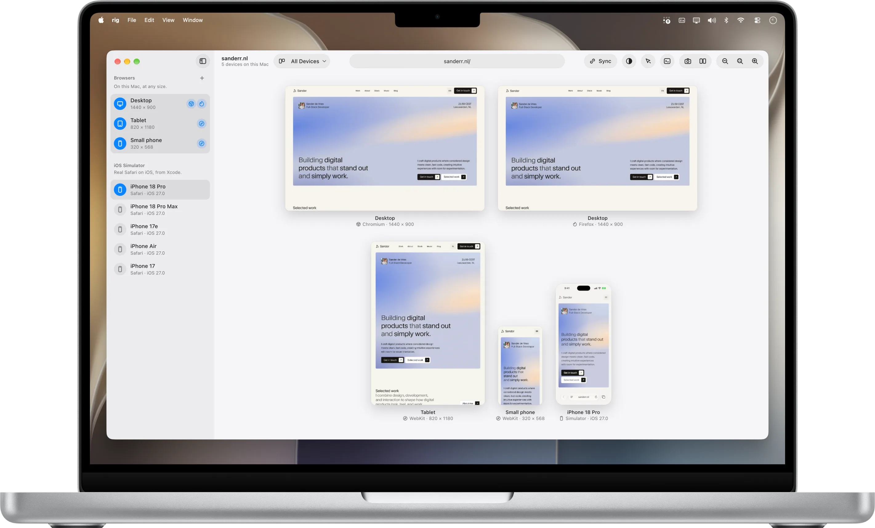 rig's window: a sidebar with Desktop, Tablet and Small phone and an engine switch per size, and sanderr.nl in Chromium and Firefox at 1440 pixels.
