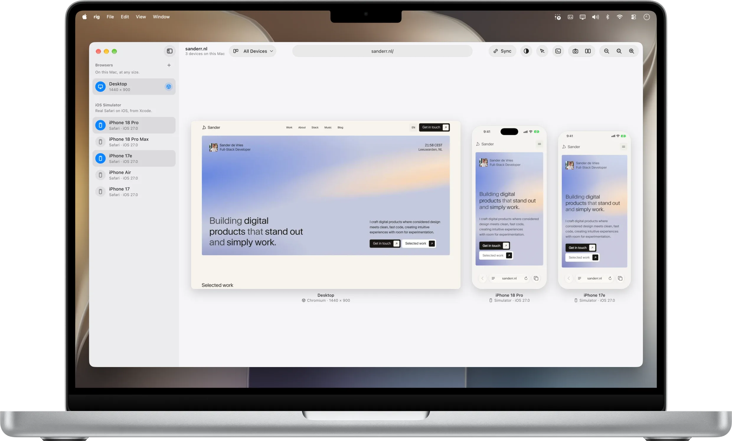 rig on a MacBook Pro, showing sanderr.nl in Chromium next to iPhone 18 Pro and iPhone 17e in iOS Simulator.