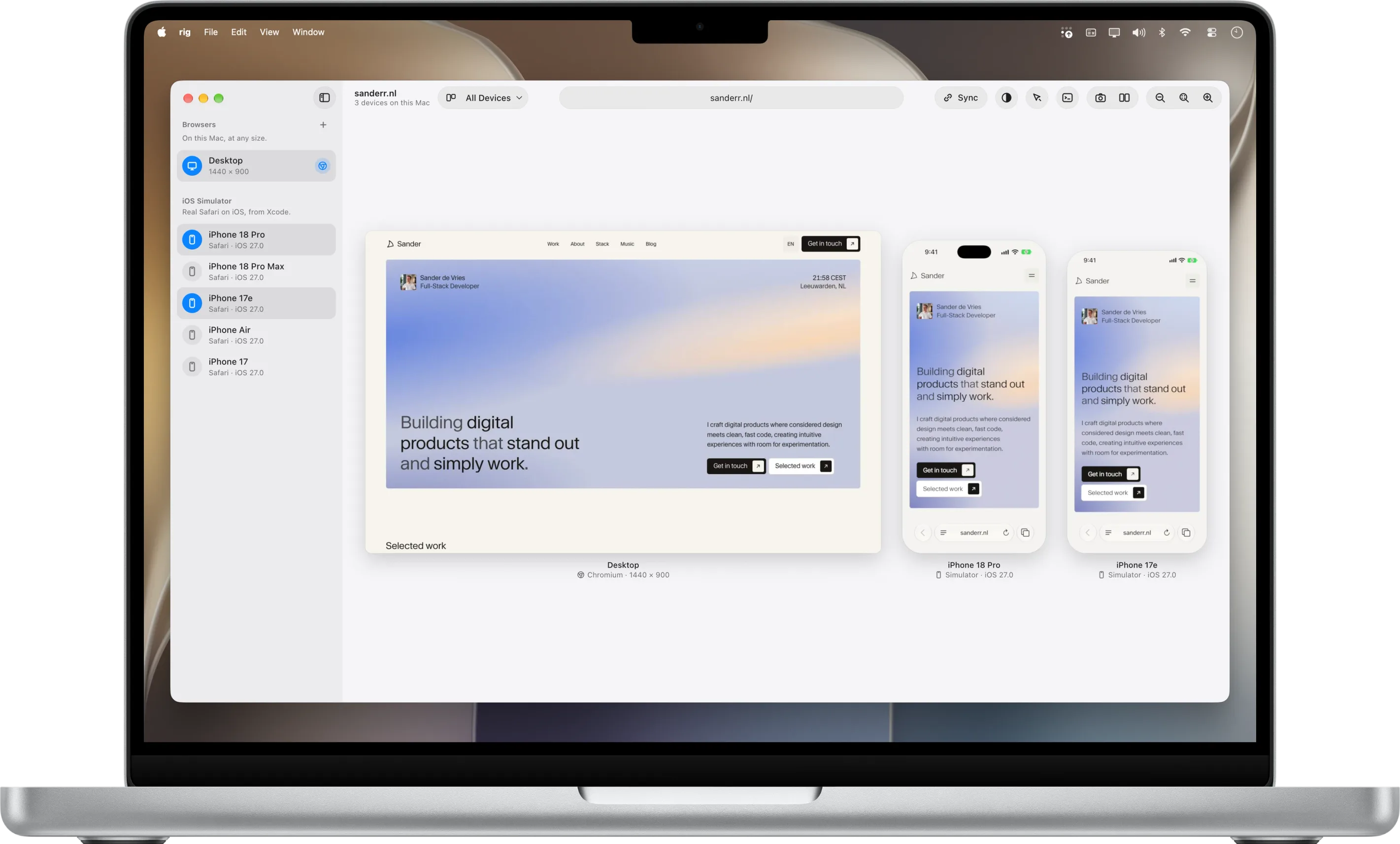 iPhone 18 Pro and iPhone 17e in iOS Simulator, live in rig's window with sanderr.nl in Safari.